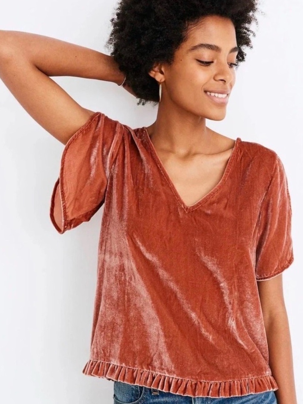 Madewell Burnt Orange Velvet V-Neck Short Sleeve Top